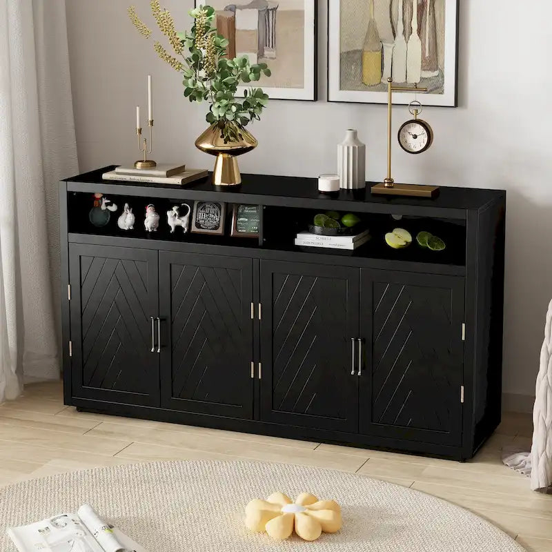 Enfilade Classique Moderne 4 Portes avec Rangement Ouvert et Étagères Réglables