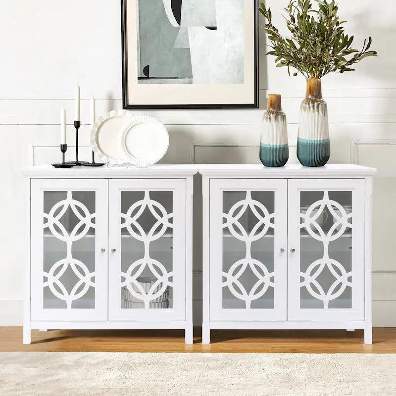 White Pine Wood 35.8 Wide Sideboard Cabinet with Glass Doors (Set of 2)