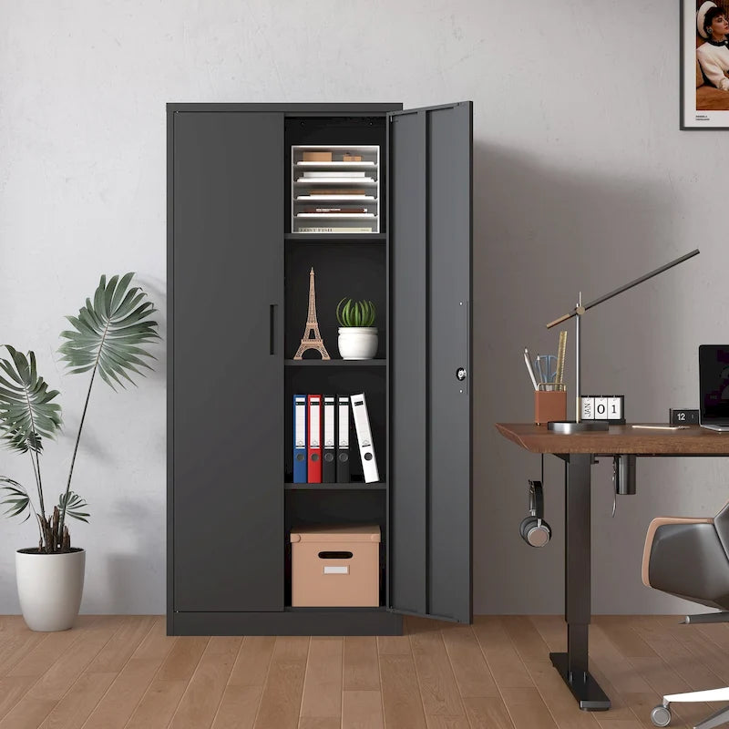 Armoire de rangement métallique 71H pour garage, armoire à outils en acier avec portes et 4 étagères, armoires hautes