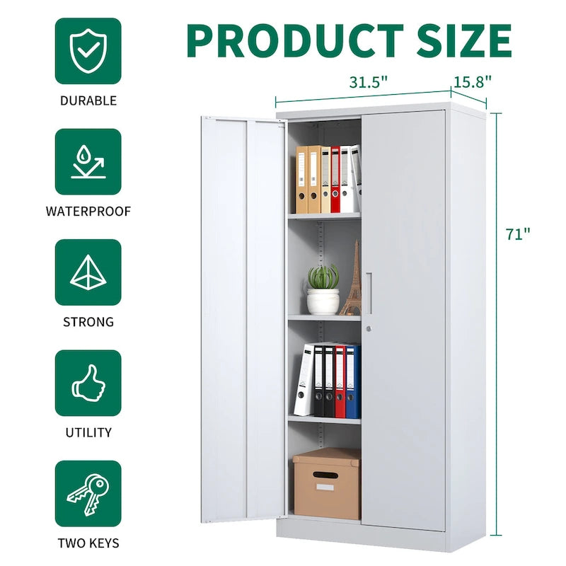 Armoire de rangement métallique 71H pour garage, armoire à outils en acier avec portes et 4 étagères, armoires hautes
