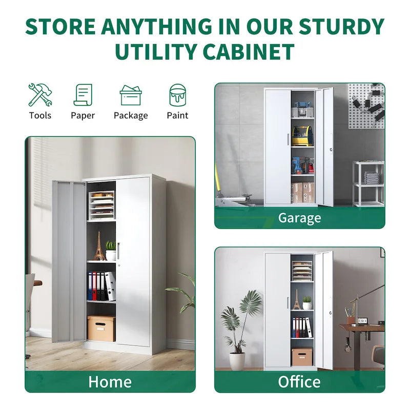 Armoire de rangement métallique 71H pour garage, armoire à outils en acier avec portes et 4 étagères, armoires hautes