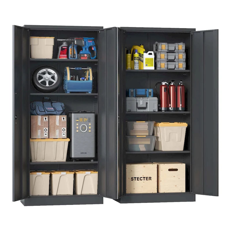 Armoire de rangement métallique 71H pour garage, armoire à outils en acier avec portes et 4 étagères, armoires hautes