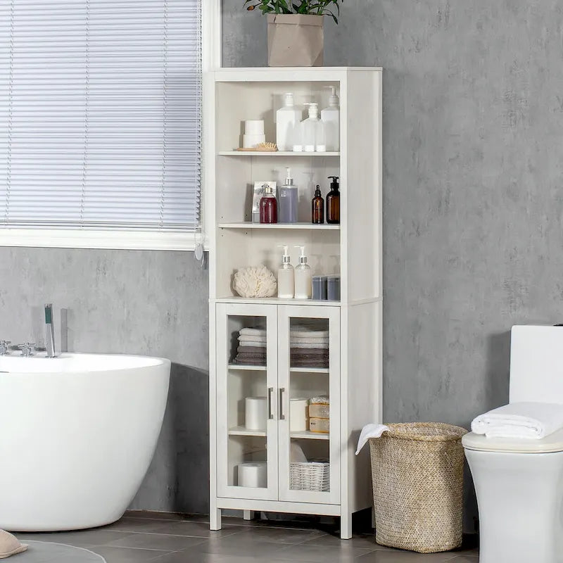 Meuble colonne de salle de bain, Tour de rangement avec étagères réglables, 3 étagères et 2 portes vitrées