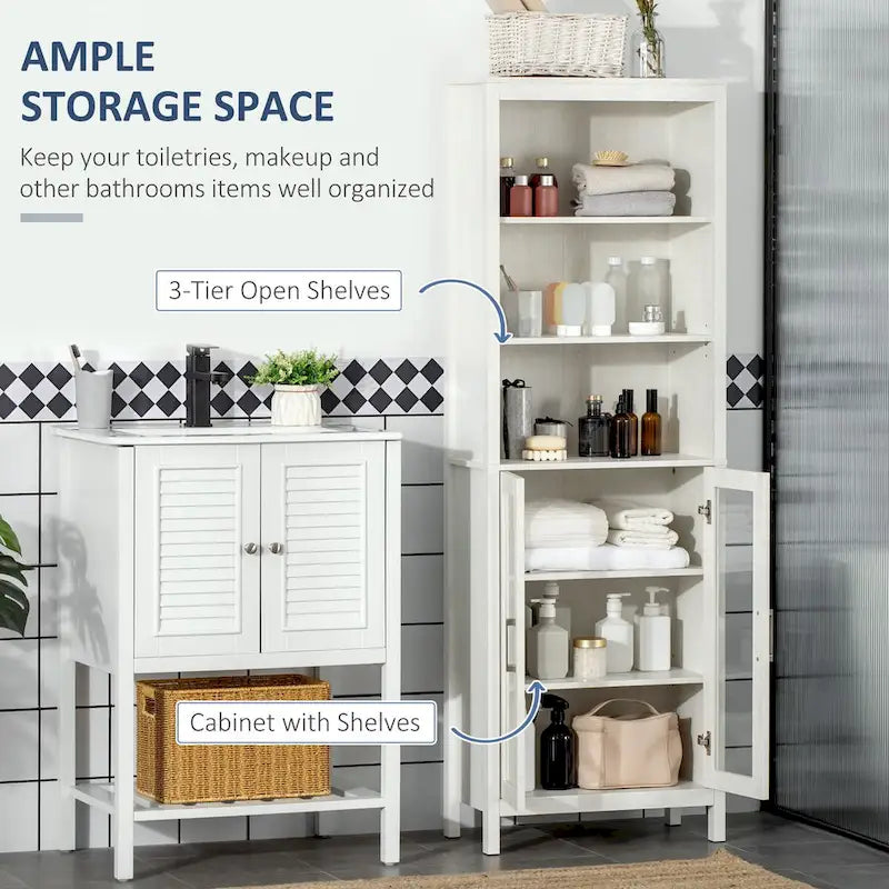Meuble colonne de salle de bain, Tour de rangement avec étagères réglables, 3 étagères et 2 portes vitrées