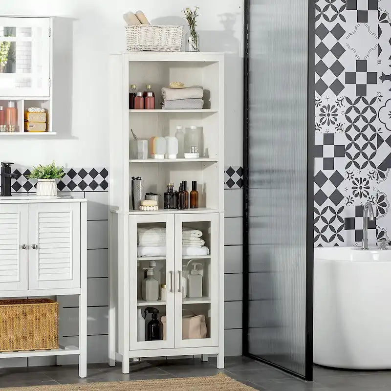 Meuble colonne de salle de bain, Tour de rangement avec étagères réglables, 3 étagères et 2 portes vitrées